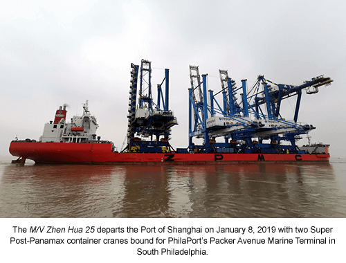 the m/v Zhen Hua 25 leaves China with two super post-panamax container cranes bound for Philadelphia.